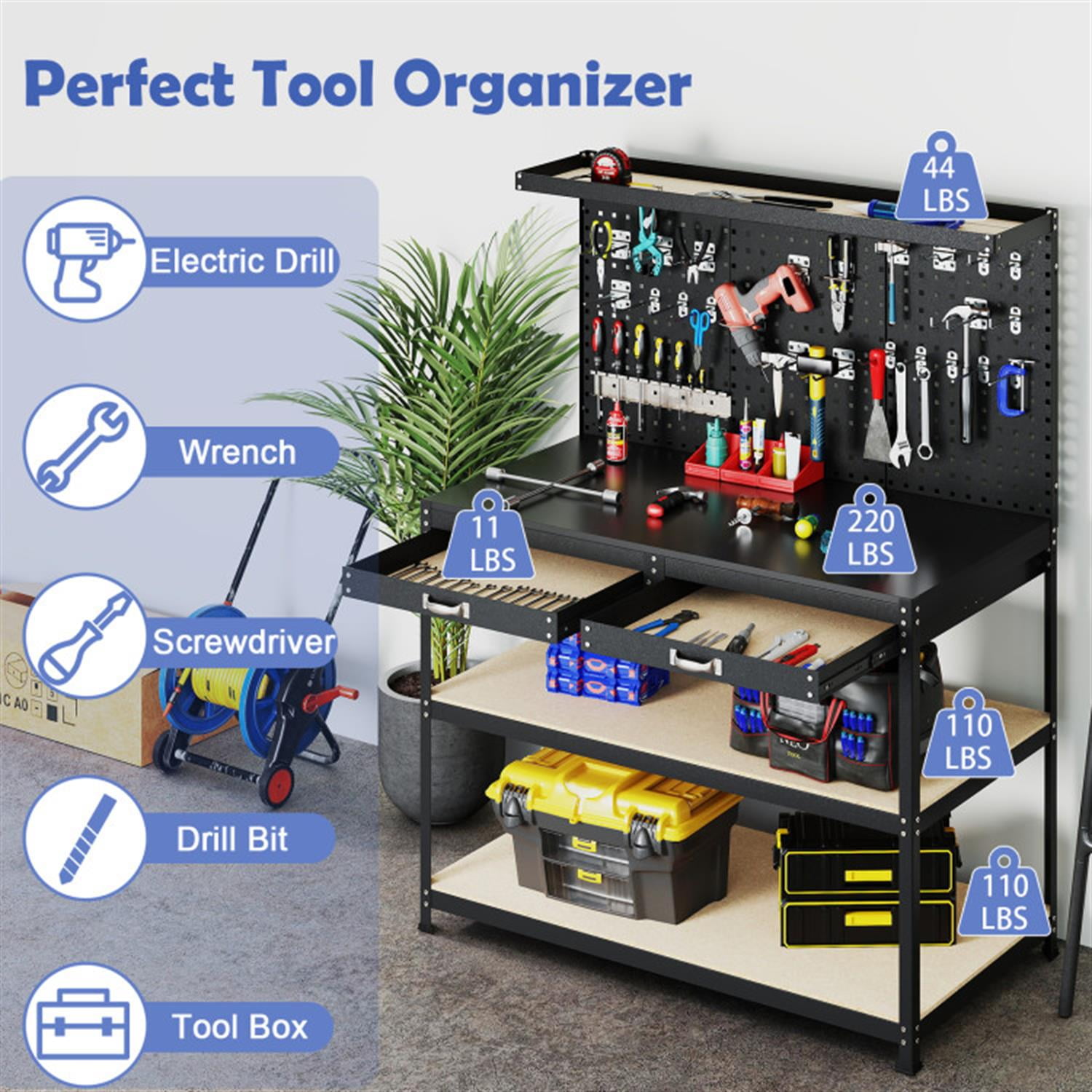 Demi Bonn 48" x 24" Workbench Work Table with 2 PCs Pegboard Drawer and Shelves, 4-Tier Heavy Duty Metal Tool Storage Bench for Garage, Workshop, Black