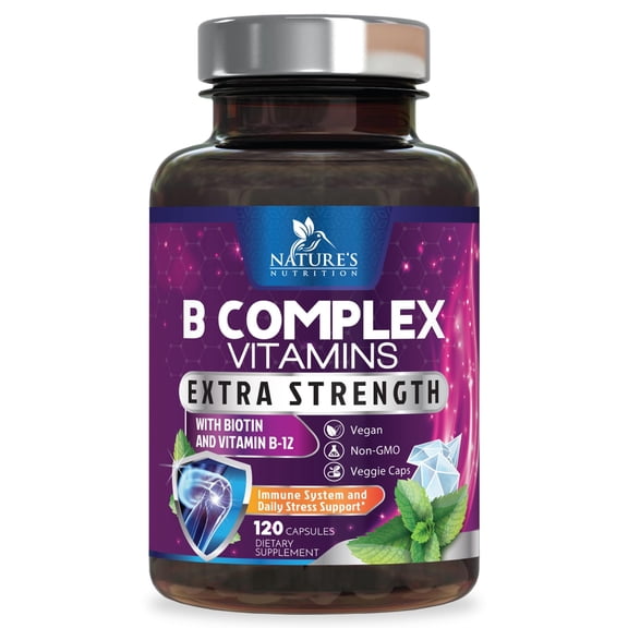 B Complex Vitamins Capsules - Super Complete B-100 Complex with Vitamin B12 B6 C Biotin Folate & Folic Acid for Immune & Energy Support - Supplement for Heart, Brain, & Nerve Support - 60 Capsules