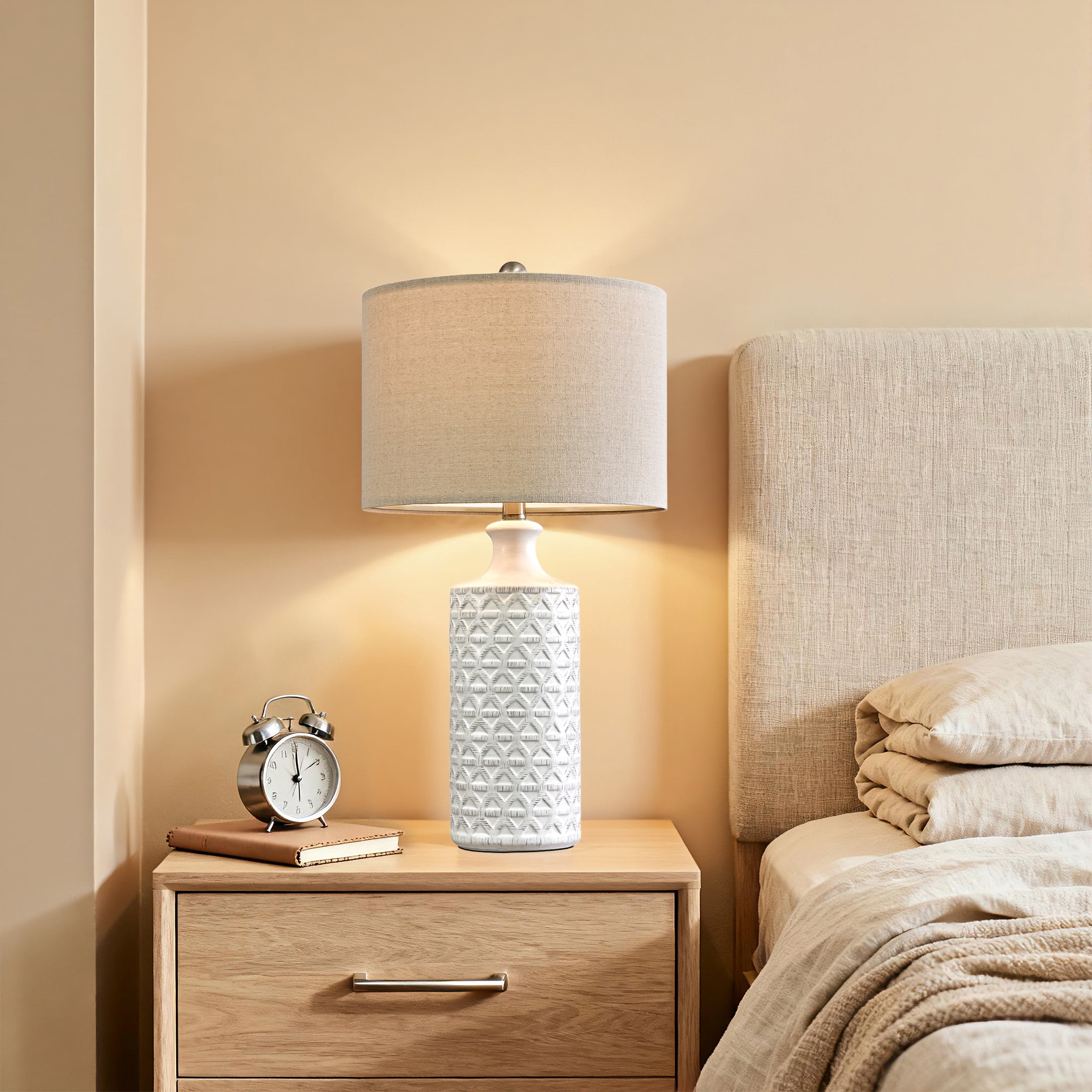 Cinyirong 24.5" Modern Ceramic Table Lamp Set Of 2 – White Wave Base With Linen Shade For Bedroom & Living Room