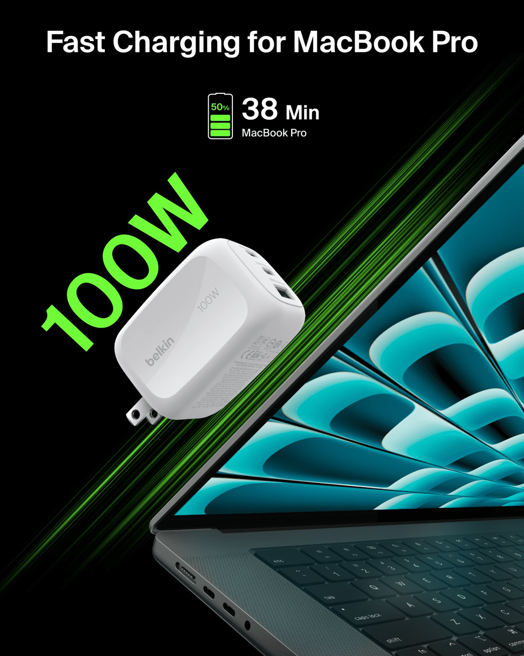 Belkin 3-Port USB C Charger Block 100W, Multi-Port GaN Wall Charger w/ 2x USB C Ports & 1x USB-A Port, Fast Charging for MacBook, iPhone 16, iPad Pro, Samsung Galaxy S25, Google Pixel, & More - White