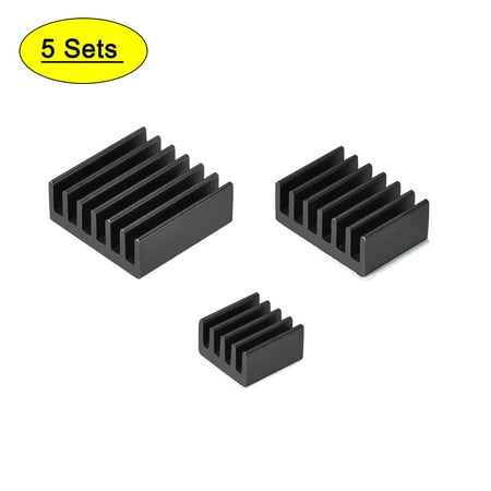 Black Parallel Shaped Notch Aluminum Heatsink with Conductive Adhesive Pad, 14x14x6mm, 14x10x6mm, 9x9x5mm,5 Set