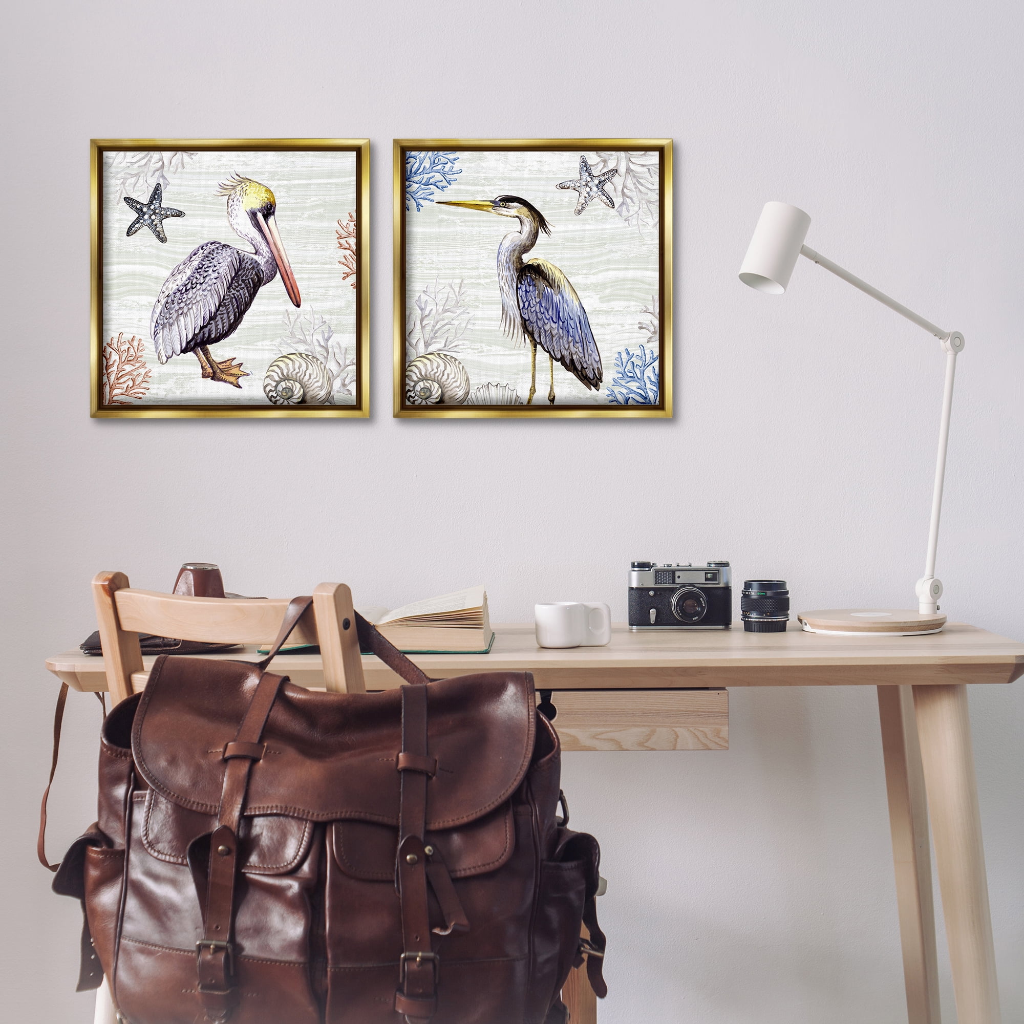Stupell Industries Coastal Pelican & Heron Animals Painting Gold Floater Framed Canvas Art Print Wall Art, 18 x 18, Set of 2