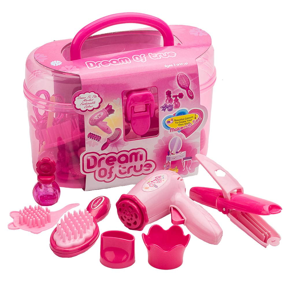 Kids Beauty Salon Set Toys Little Girl Makeup Kit Pretend Play Hair Station  with Case, Hairdryer, Brush,Mirror & Styling(17pcs) Toy for little girl 1 2  3 4 Years Old 