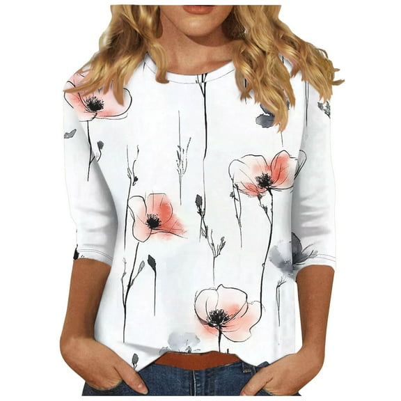 Tnhcen Women's Fall Fashion Floral Print 3/4 Sleeve Loose Round Neck T-Shirts - Casual Daily Oversized Tops Stretchy S-3XL