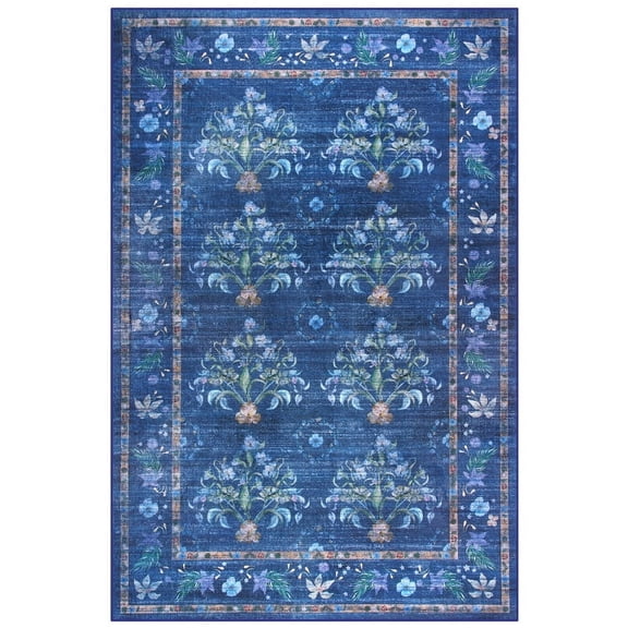 Jamfeel Rugs for Living Room Classic Boho Floral Print Floor Carpets Soft Low Pile Non-slip Washable Area Rug 5'x8' Navy Blue