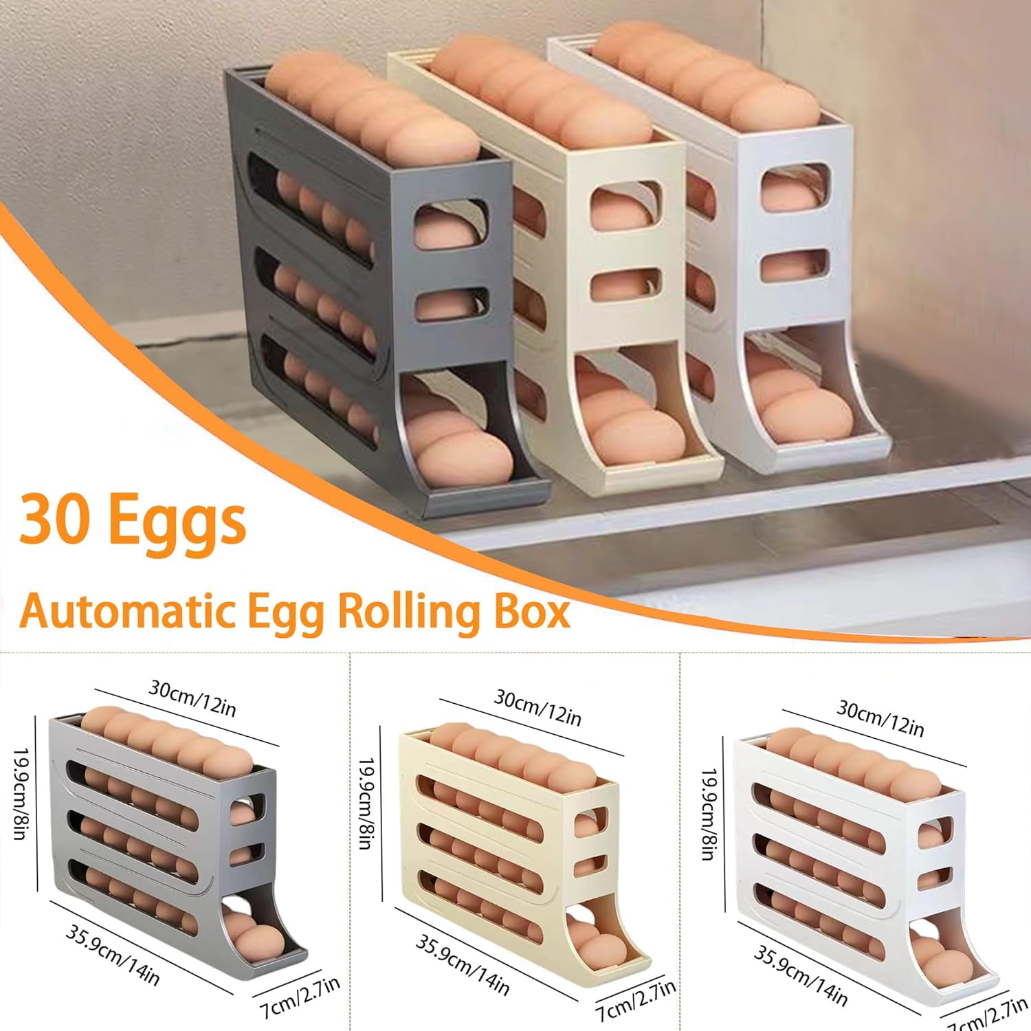 4 Layers Egg Holder for Fridge: Automatic Roll off Egg Organizer for Refrigerator,Eggs 30 Count Egg Container for Refrigerator,Egg Storage for Refrigerator Space-Saving,Height 8",Width 2.7"