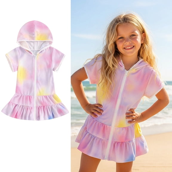 Girls Bathing Suit Cover Up Zip Up Hooded Tie Dye Terry Cloth Swim Cover Up Towel Dress Swimsuit for 5-6 Years Old Girl