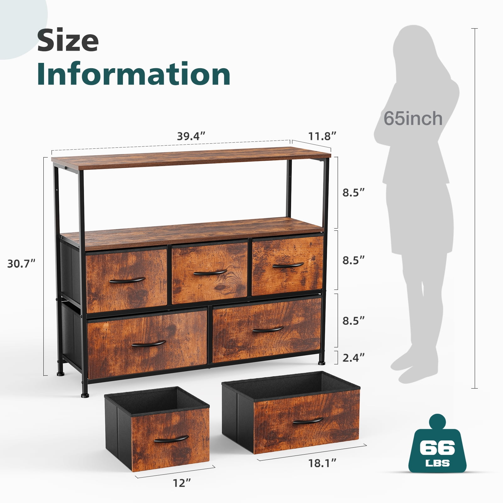 Aukfa 5 Drawer Dresser,Wide Chest of Drawers for Bedroom with Metal Frame for TV,Brown