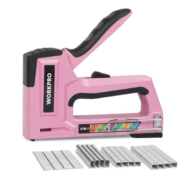 WORKPRO 6-in-1 Manual Staple Gun Kit, Pink Hand Brad Nailer with 4000pcs Staples, Portable Stapler for Upholstery, Crafts, Light Material R