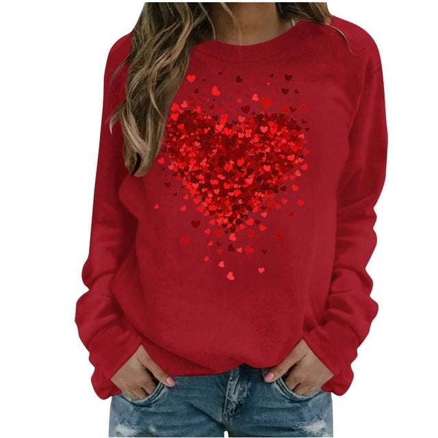 KIHOUT Chandail de Mode pour Femmes à Manches Longues, Décontracté, Imprimé de la Saint-Valentin, Col Rond, Chandail à Col Rond, Tunique