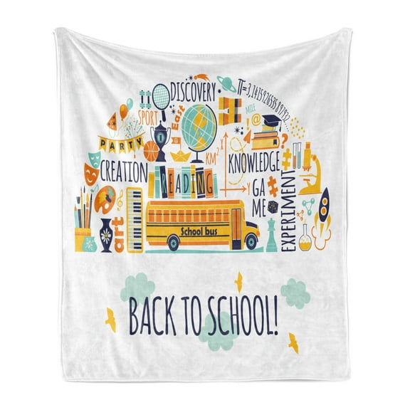 School Bus Soft Flannel Fleece Blanket, Creation Discovery Knowledge Experiment Art Reading Sport Doodle with Typography, Cozy Plush for Indoor and Outdoor Use, 60" x 80", Multicolor, by Ambesonne