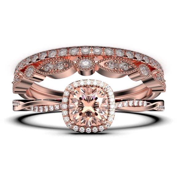 Twisted Infinity Band Dazzling Boho & hippie 2.00 Carat Round Morganite And Diamond Moissanite Engagement Ring, Classic Wedding Ring in 925 Sterling Silver With 18k White Gold Plating, Trio Rings