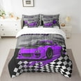 thumbnail image 2 of Manfei Purple Racing Car Bedding Comforter Set 7pcs for Boys, Speed Sports Car King Bedding Sets, Black White Plaid Flag Bed Sheets, Breathable Home Decor, 2 of 8