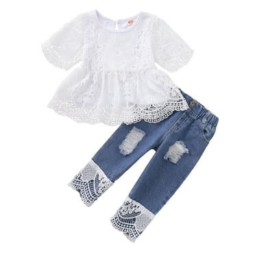 Kids Baby Girl Clothes Lace Off Shoulder Tops + Ruffle Denim Pants ...