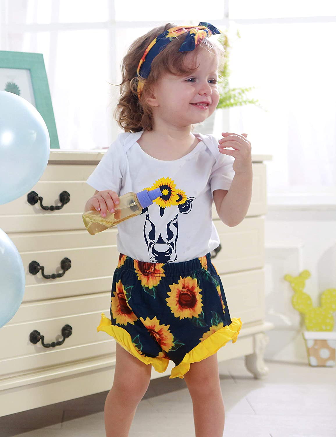 Newborn Baby Girl Clothes Sunflower Wild Ox Romper Floral Pants with Headband 3Pcs Summer Outfit Set 0-18Months