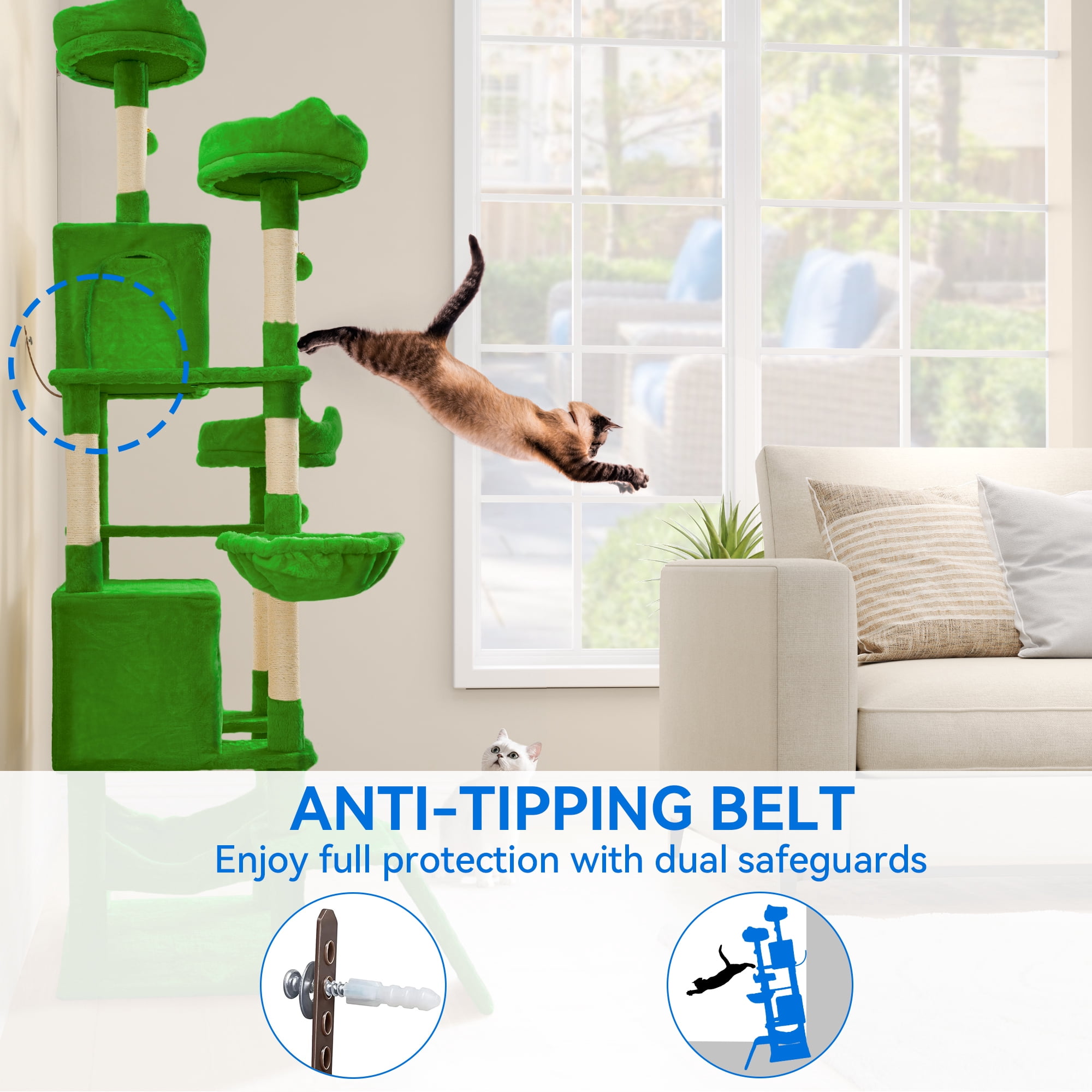 Uforic 75 Inch Multi-Level Cat Tree Tower with 2 Cat Condos, Hammocks, Sisal Scratching Posts & Fluffy Teaser Balls, Green