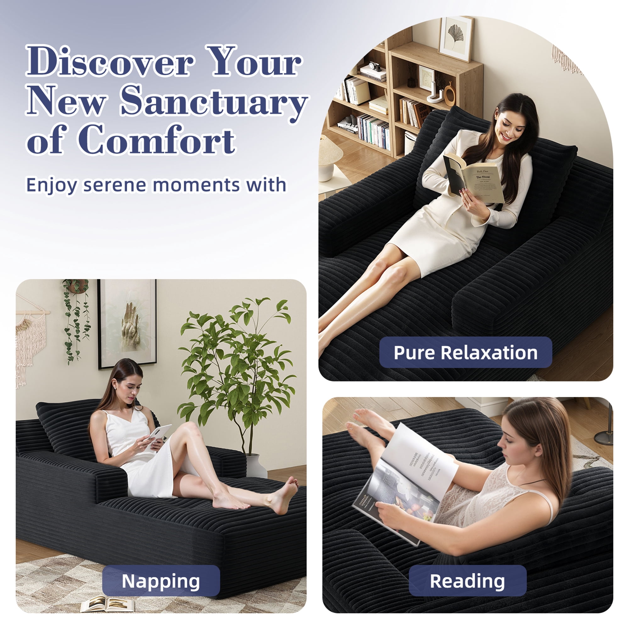 67'' Oversized Chaise Lounge Chair Indoor, Cloud Plush Corduroy Upholstered Sofa Bed, Modern Deep Seat Sofa with Back Cushion, Pillows, Cozy Sleeper Couch for Living Room, No Assembly Required, Black