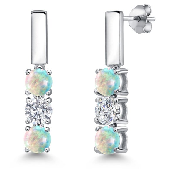 Gem Stone King 925 Sterling Silver Simulated White Opal and White Lab Grown Diamond Drop Dangle Earrings for Women | 1.50 Cttw | Gemstone October Birthstone | Round Cabochon 5MM