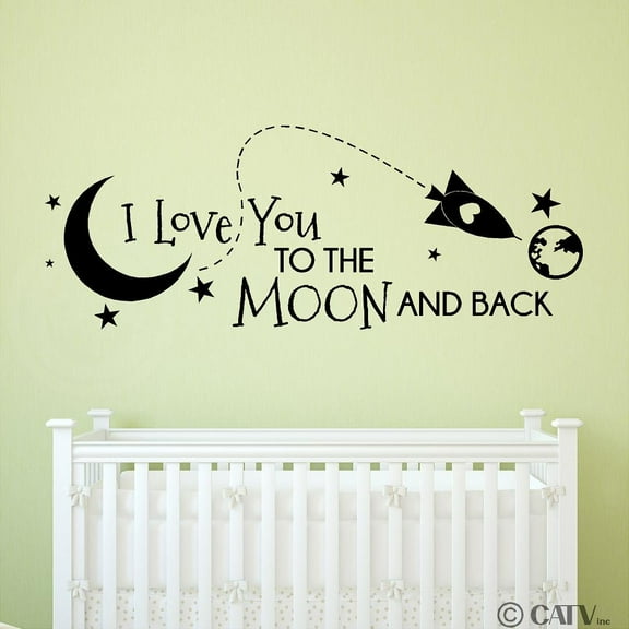Rocket I Love You To The Moon And Back with Rocket Planet Earth Moon and Space Ship Vinyl Lettering Wall Decal Sticker Size: 16"H x 42"L - Color Black