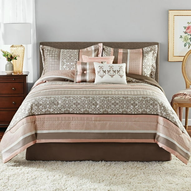 Mainstays Princeton Blush Stripe 7 Piece Comforter Bedding Set Walmart Com Walmart Com