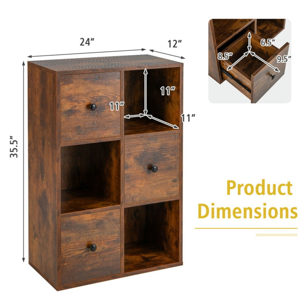 Demi Bonn 3-Tier Bookcase with Anti-toppling Device for Living Room, 6 Cube Storage Cabinet, Brown
