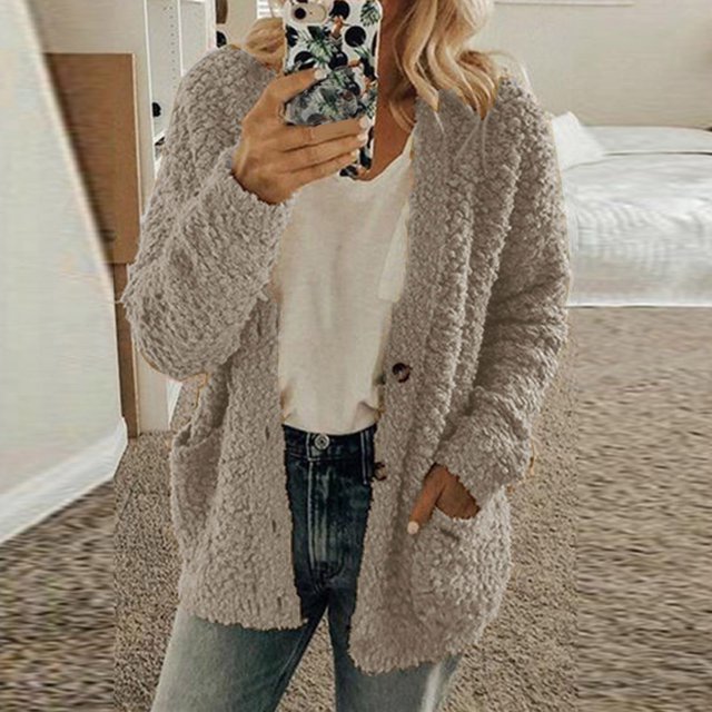 Suéter de felpa informal de talla grande para mujer, cárdigan con bolsillos y botones, ahorro de primavera