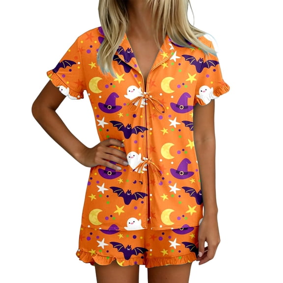 Women Outfits Halloween Print Lapel Short Sleeve Belted Top And Shorts 2 Piece At Home Wear Women's Clothing Sets L