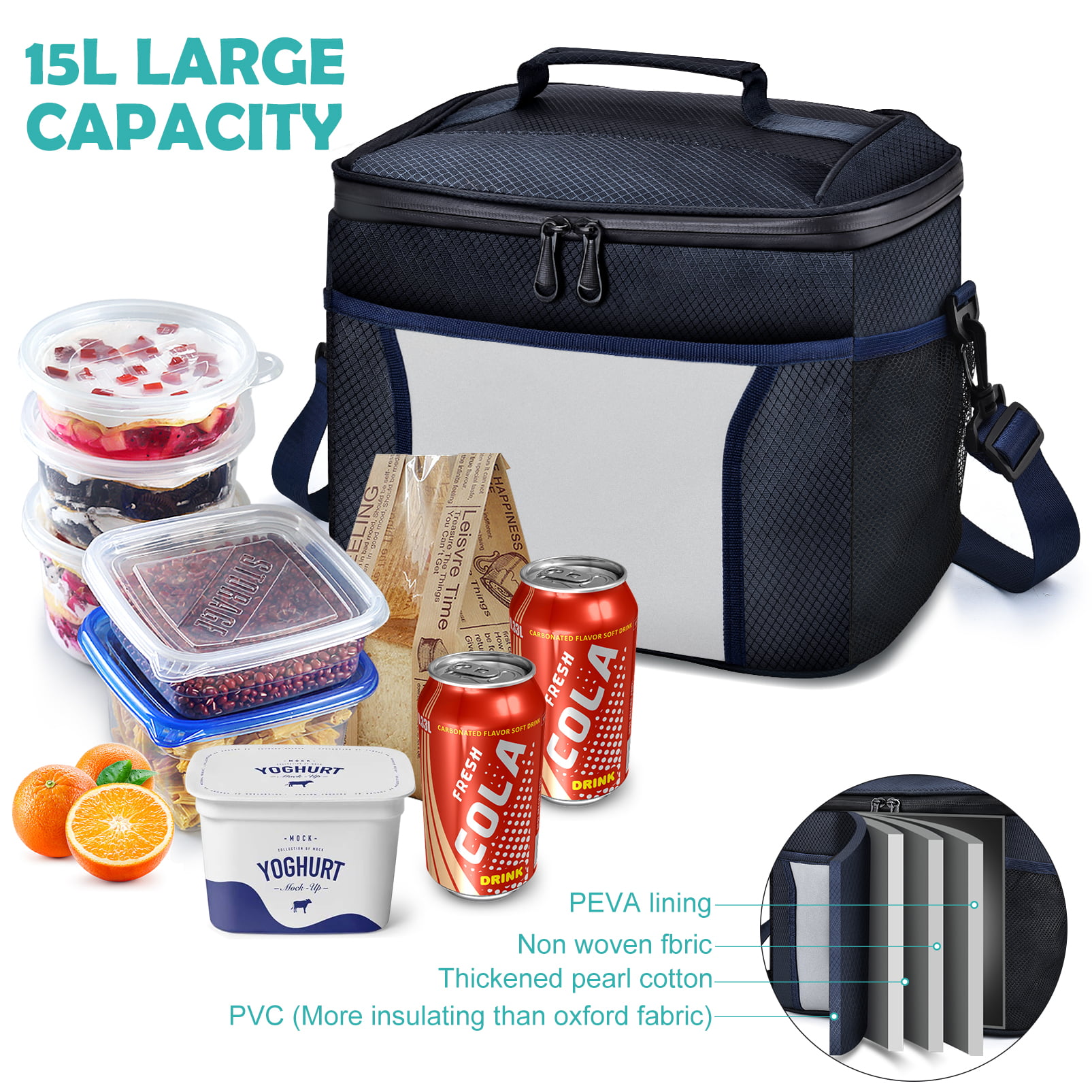 Cooler Tote for Adult Men Women 24-Can 15L Reusable Lunch Tote Box Container Leakproof for Work Picnic Hiking Beach Fishing Blue Large Lunch Bag Insulated Lunch Box