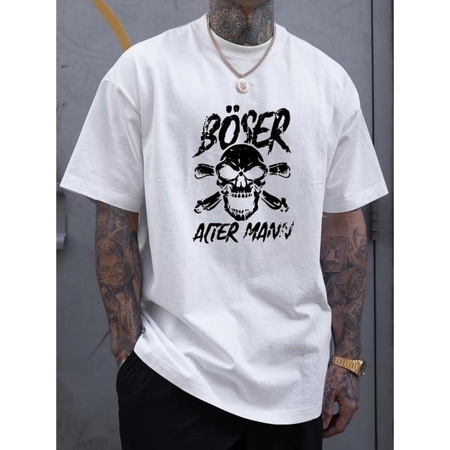 Camiseta informal para hombre con estampado de calavera oscura y letras, de poliéster transpirable, cuello redondo y manga corta, ideal para todas las estaciones. Ideal para adultos, hombres, mujeres,