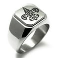 thumbnail image 1 of Stainless Steel Tribal Fleur De Lis Engraved Square Flat Top Biker Style Polished Signet Ring, 1 of 1
