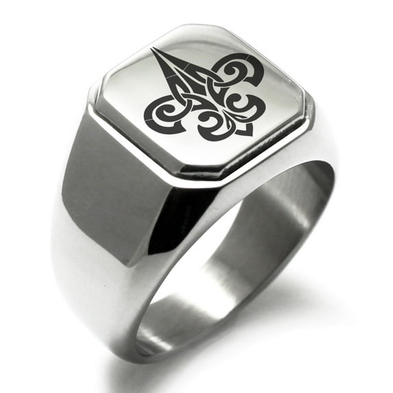Stainless Steel Tribal Fleur De Lis Engraved Square Flat Top Biker Style Polished Signet Ring