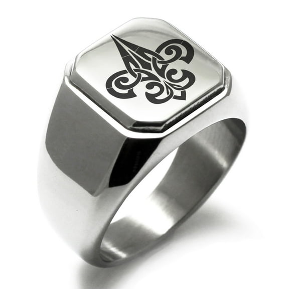 Stainless Steel Tribal Fleur De Lis Engraved Square Flat Top Biker Style Polished Signet Ring