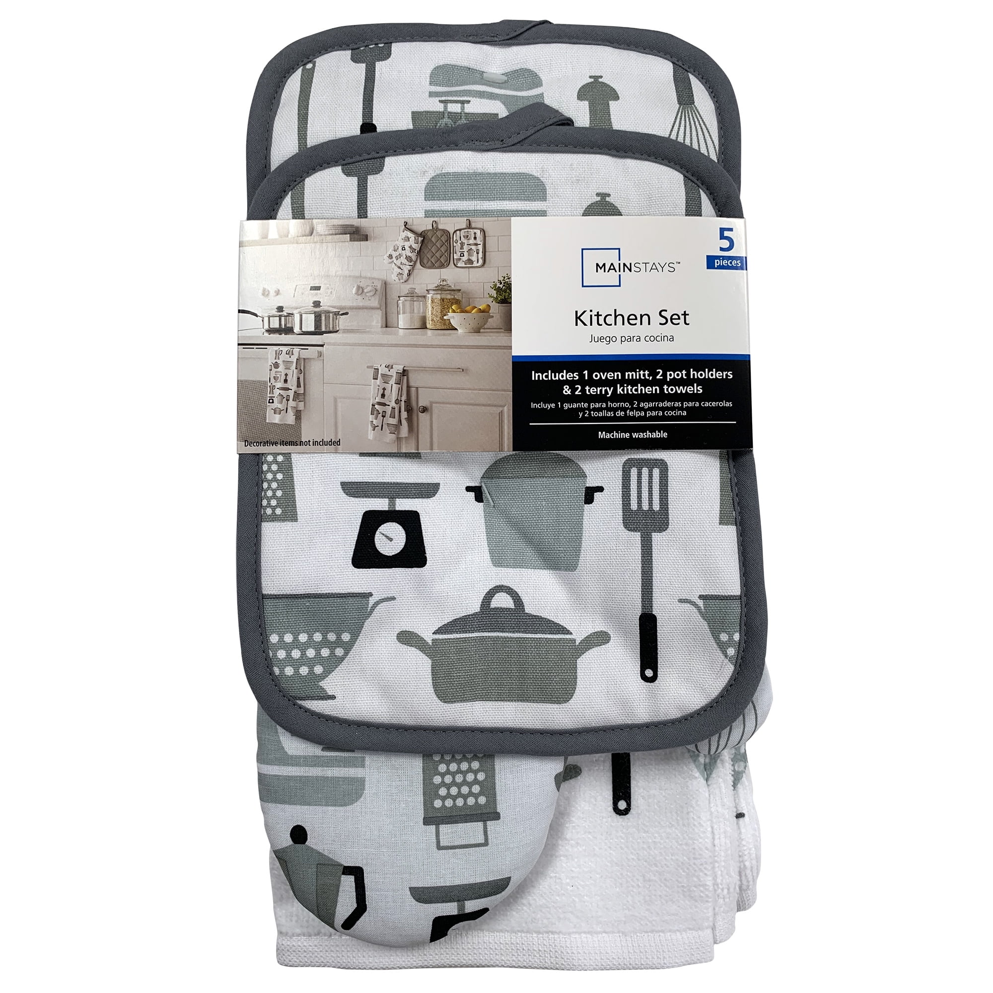 Mainstays 5Piece Kitchen Textile Set, Kitchen Towel, Pot Holder Oven