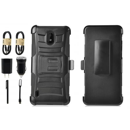 Value Pack+ for Nokia 3.1C (Cricket), 3.1A (AT&T) Cell Phone Case Belt Clip Holster Double Kickstands Hybrid Shock Armor Bumper Cover (Black)