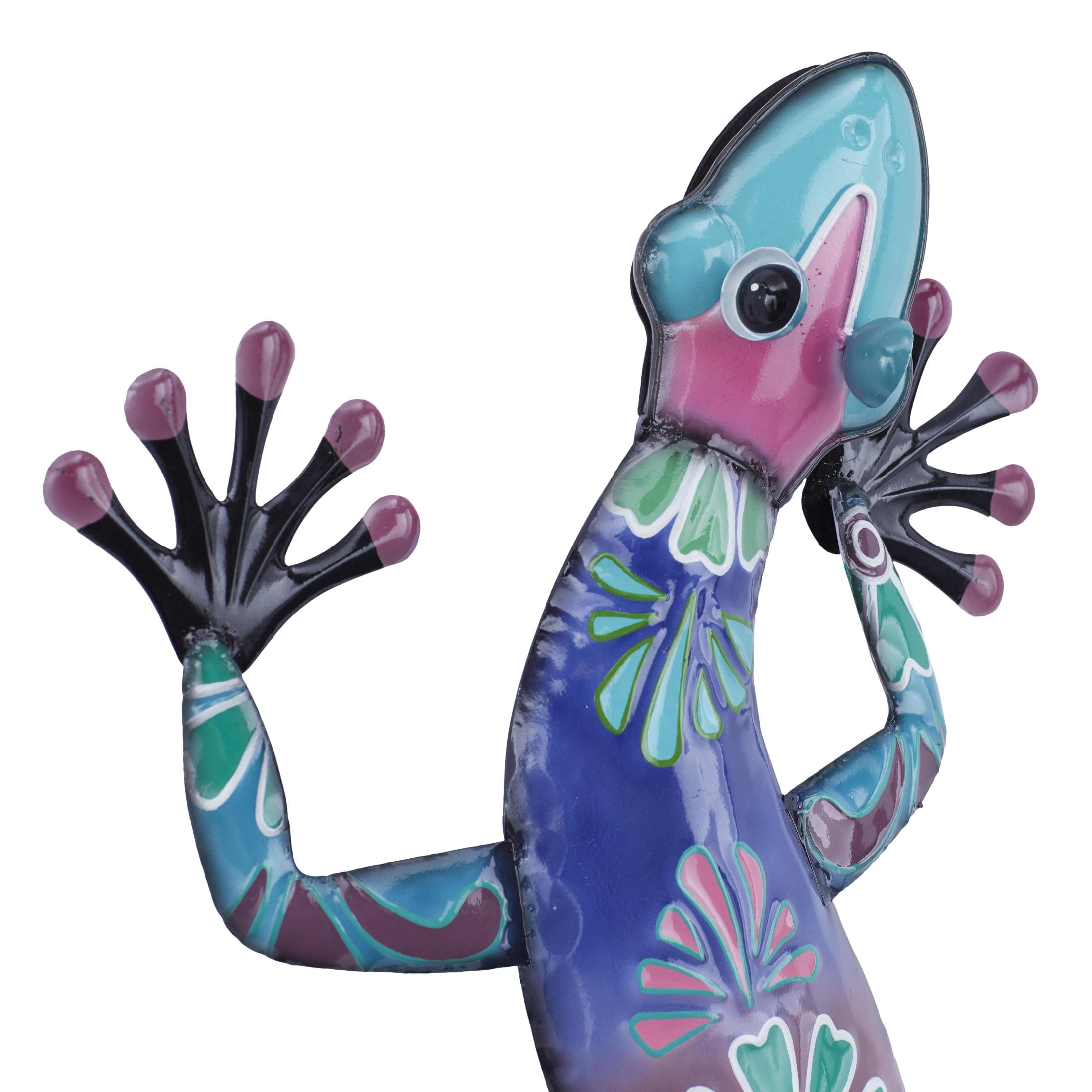 DecMode Blue Metal Indoor Outdoor Floral Patterned Lizard Wall Decor with Purple and Teal Accents