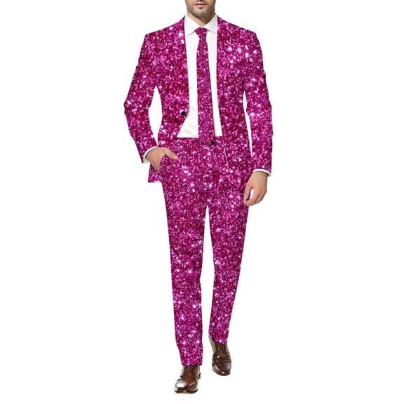 FYEGRE Men's Carnival Suits Mens Carnival 3D Digital Printed Light Business Suit Set Contemporary Jacket and Trousers Ensemble for Style Hot Pink L