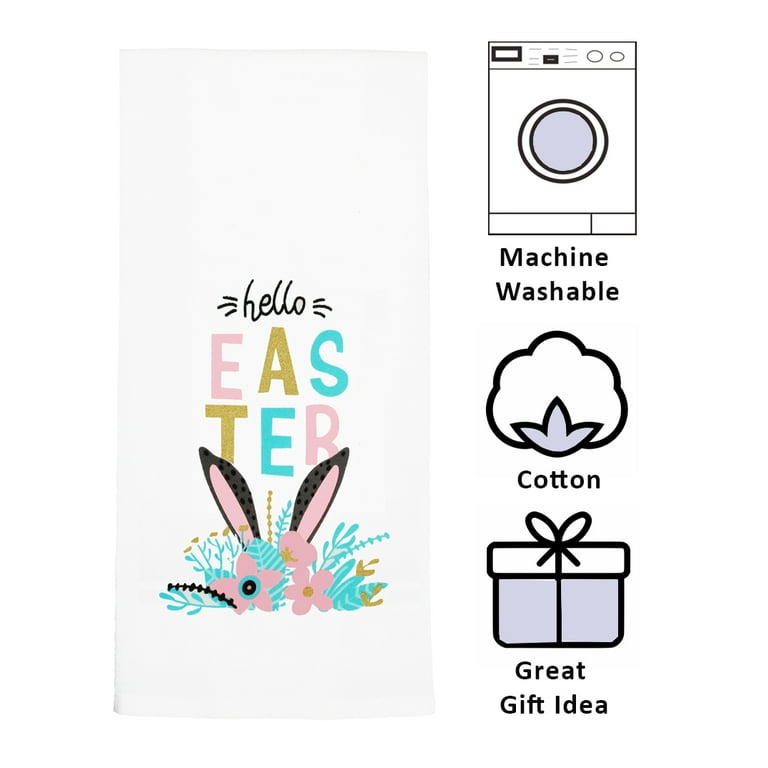 Cute Easter Kitchen Towels Set Eggs Bunny 15x25” White Cotton Flour Sack 4  Piece 