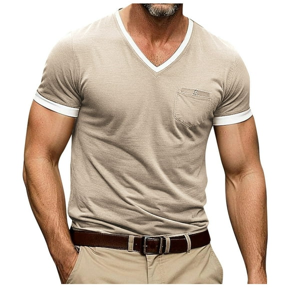 JAKANYQ Men's Tees Short Sleeved V Neck Solid Color Stitching Pocket T Shirt Top Classic Lightweight