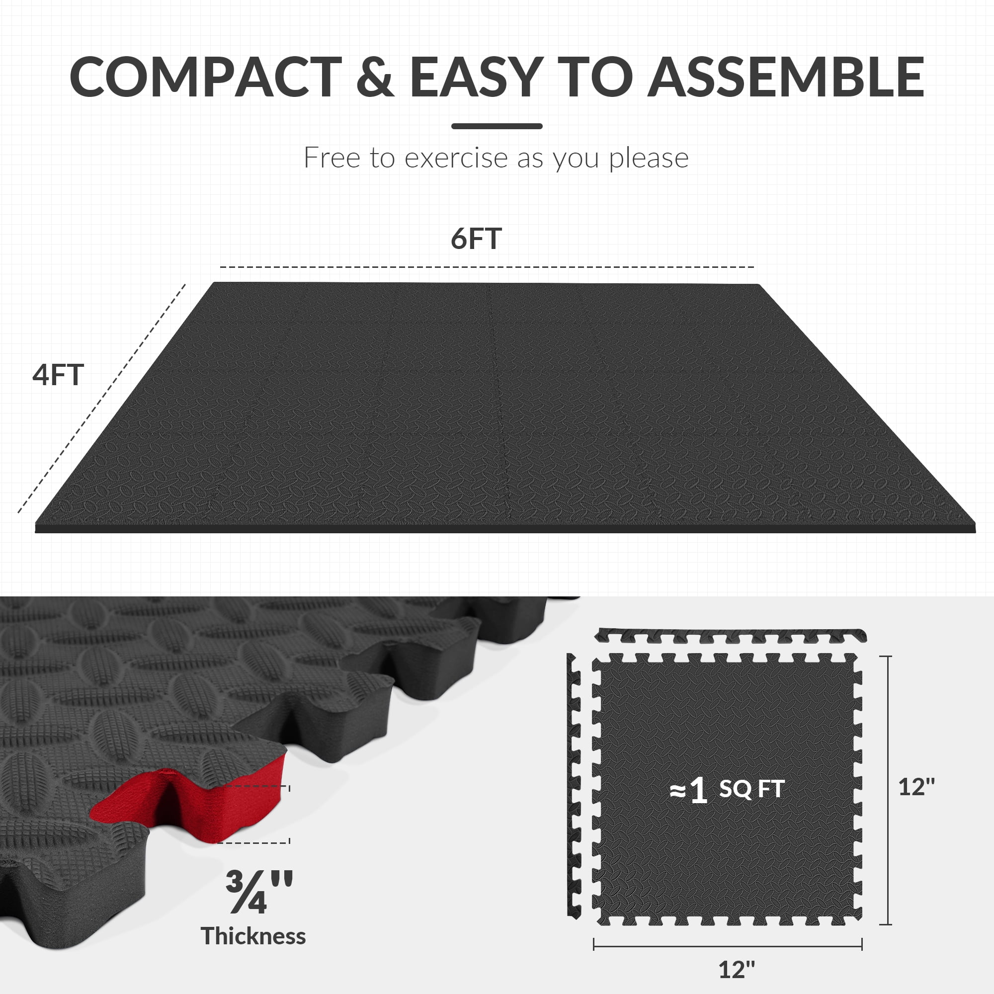 (2 pack) BalanceFrom EVA Foam Interlocking Floor Tiles, 63 × 63 cm, 1/2" 3/4" or 1" Thick, Anti-Slip Textured Mats in Multiple Colors, 6/12/24/36 Pack for Home Gym and Play Areas