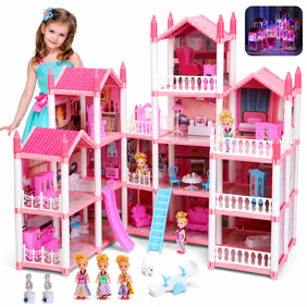 16 Rooms Pink Dollhouse for Girls Ages 3 , with Furniture, Accessories, Colorful Lights and 3 Dolls, Pretend Play Gift