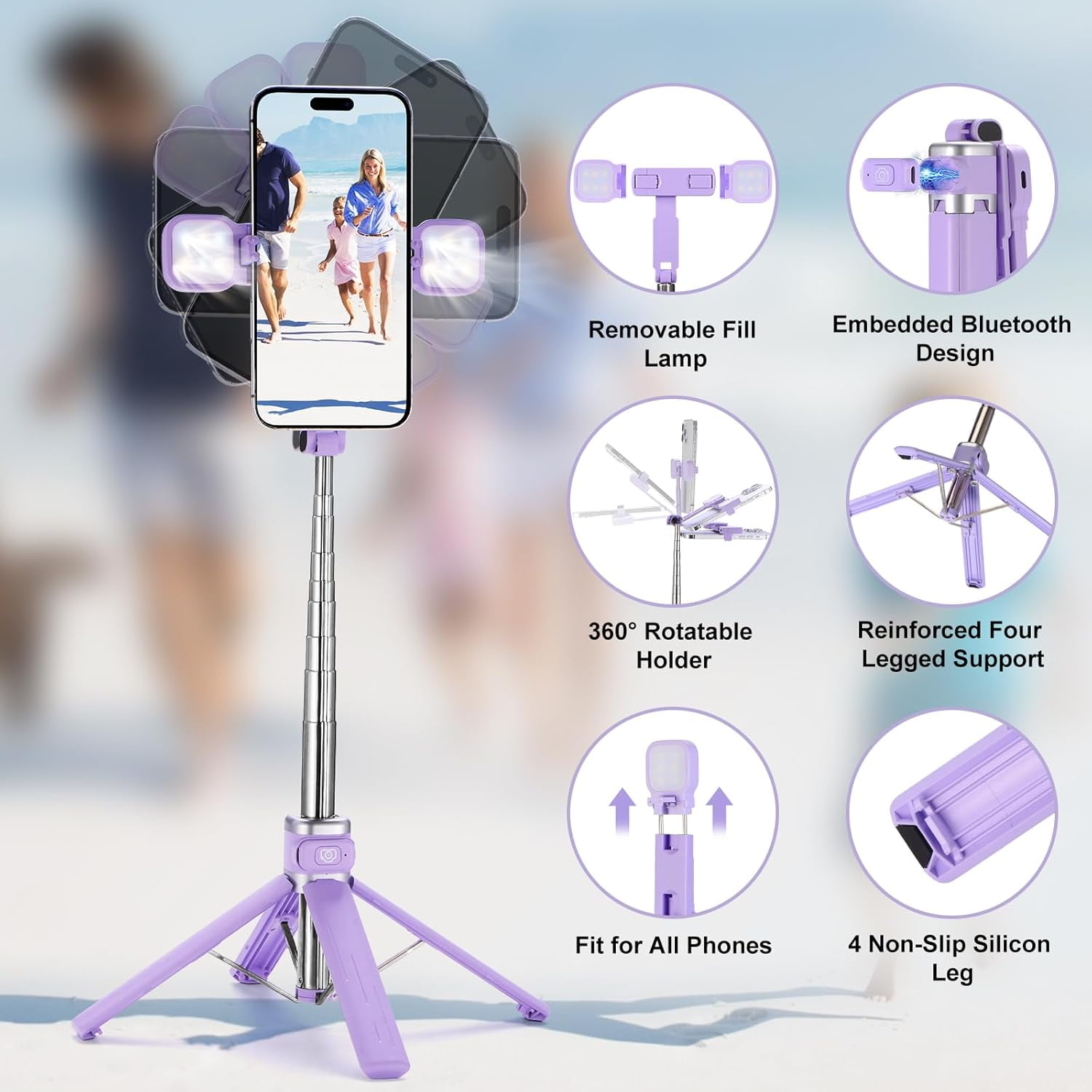 Mini iPhone Tripod Stand & Selfie Stick with Wireless Remote & Removable Light, Extendable Stand 360 Rotation Compatible with iPhone & Android Samsung (Purple)