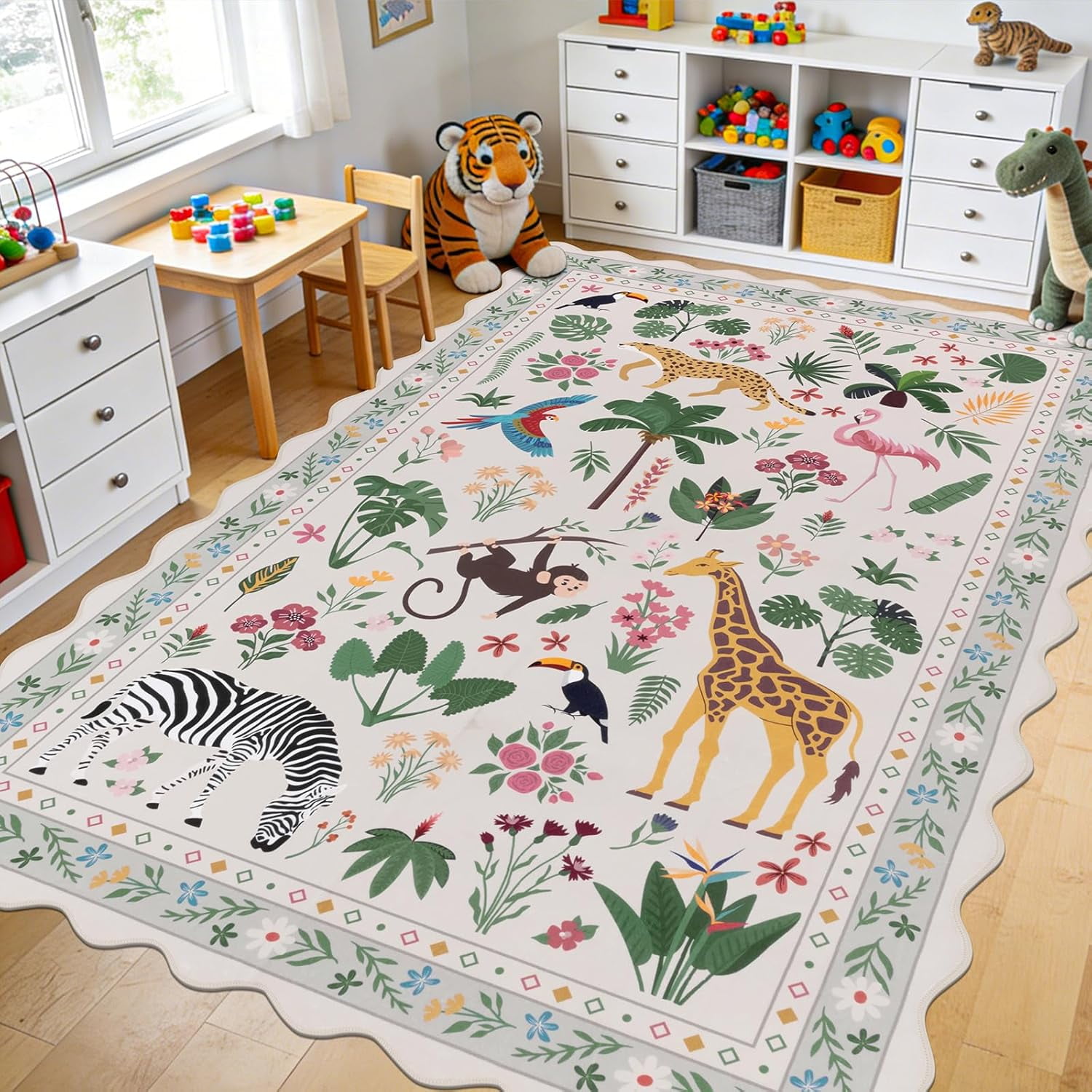 MJIAexp Jungle Animal Print 8x10 Area Rugs for Living Room, Beige Soft Washable Rugs for Bedroom Ultra-Thin Non-Slip Modern Rug, Stain Resistant Rug Carpet for Dining Room