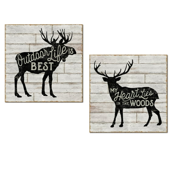 Gray and Black Elk and Moose "Outdoor Life Is Best" Adult Lodge Decor; 2 - 12" x 12" Unframed Posters