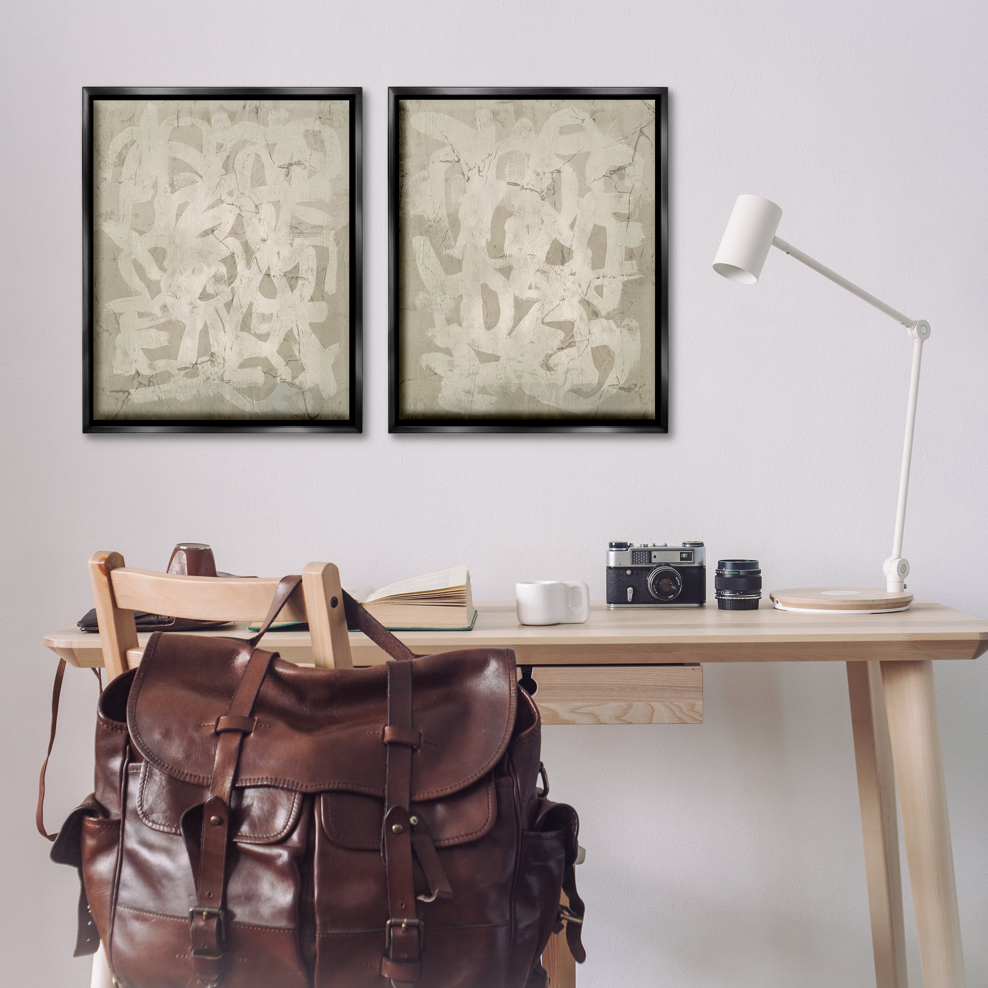 Stupell Industries Beige Neutral Brutalist Style Abstract Painting Black Floater Framed Canvas Art Print Wall Art, 31 x 25, Set of 2