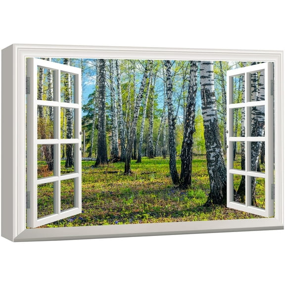 wall26 Canvas Print Wall Art Window View to Green Spring Forest Nature Wilderness Photography Realism Rustic Landscape Colorful Multicolor Ultra for Living Room, Bedroom, Office - 24"x36"