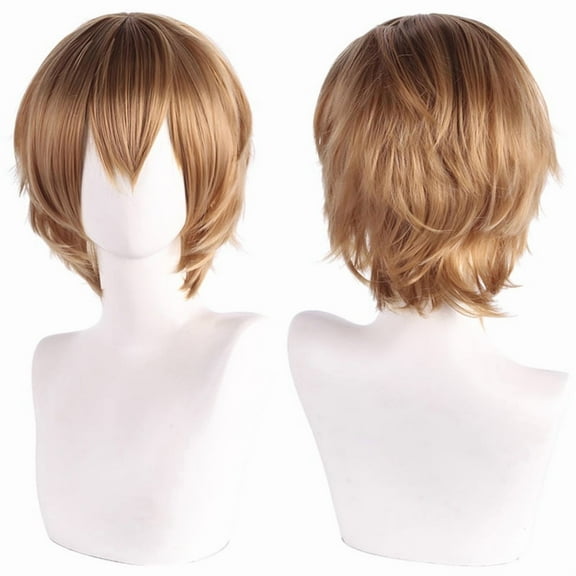 Zhuge Unisex Anime Short Hair Wig Cosplay Anime Wig Fluffy Layered Costume Wig Heat Resistant Synthetic Costume Party Prom Wigs with Bangs，Light Brown