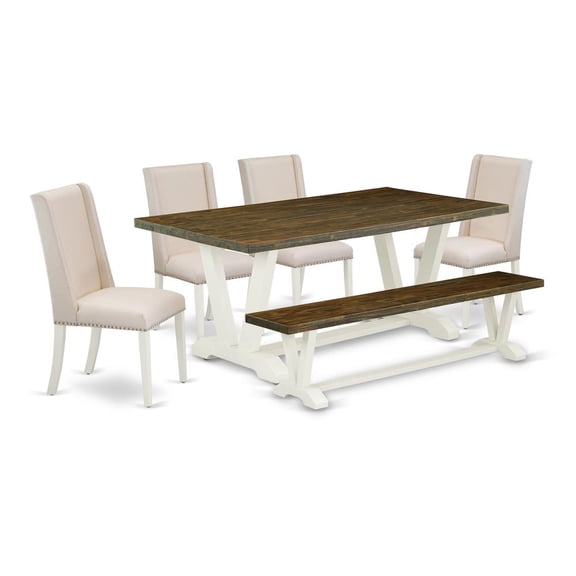 East West Furniture 6-Piece Amazing Rectangular Dining Room Table Set an Outstanding Distressed Jacobean Kitchen Rectangular Table Top and Distressed Jacobean Dining Bench and 4 Lovely Linen...