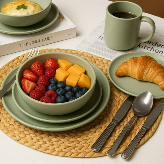 12 Piece Matte Glaze Stoneware Dinnerware Set with Mugs Microwave Dishwasher Safe for 3