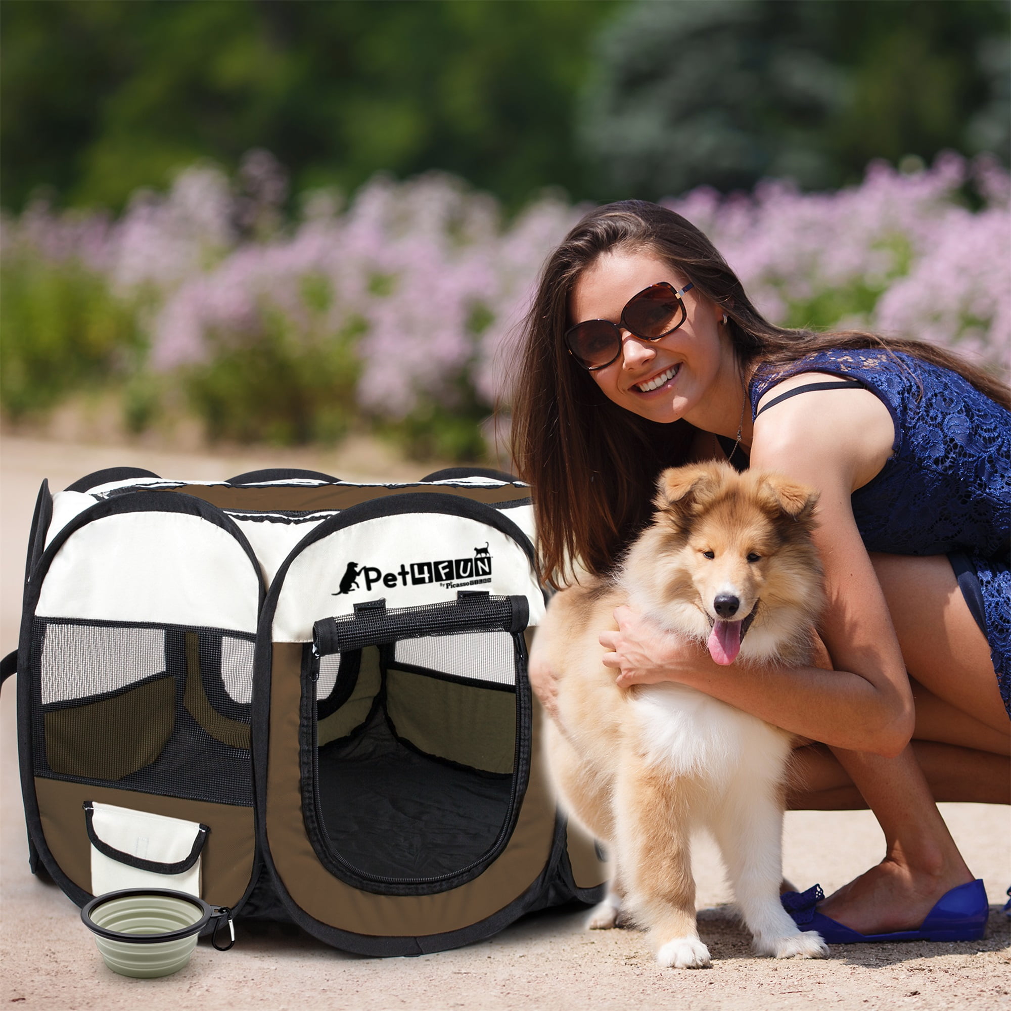 PicassoTiles Pet4Fun Portable Water Dog Playpen Brown
