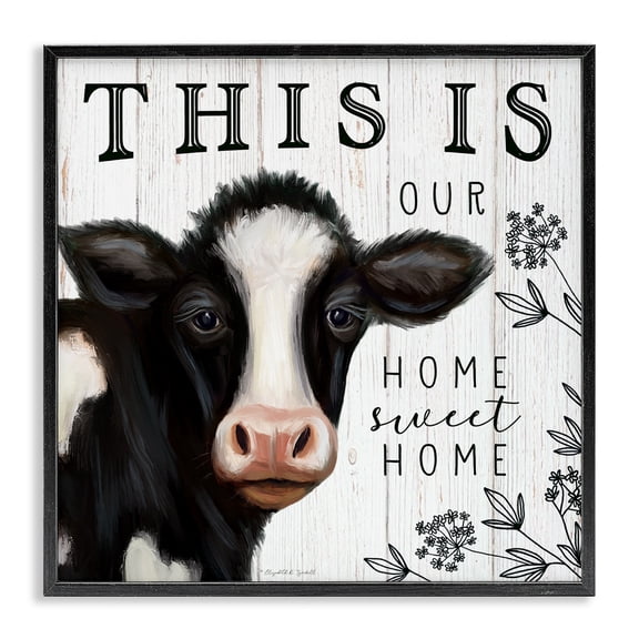 Stupell Industries Farmhouse Our Home Sweet Home Phrase Dairy Farm Cow Black Framed Giclee Art, 12 x 12, by Elizabeth Tyndall
